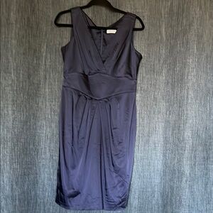 Womens 6 or 8 Calvin Klein Deep Blue V Neck Satin Midi Dress Pleated